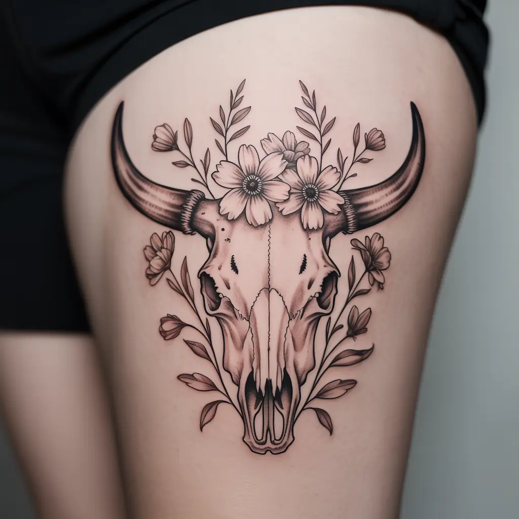"Cow skull tattoo with wildflower blossoms on thigh, representing resilience, beauty, and strength in harsh conditions."