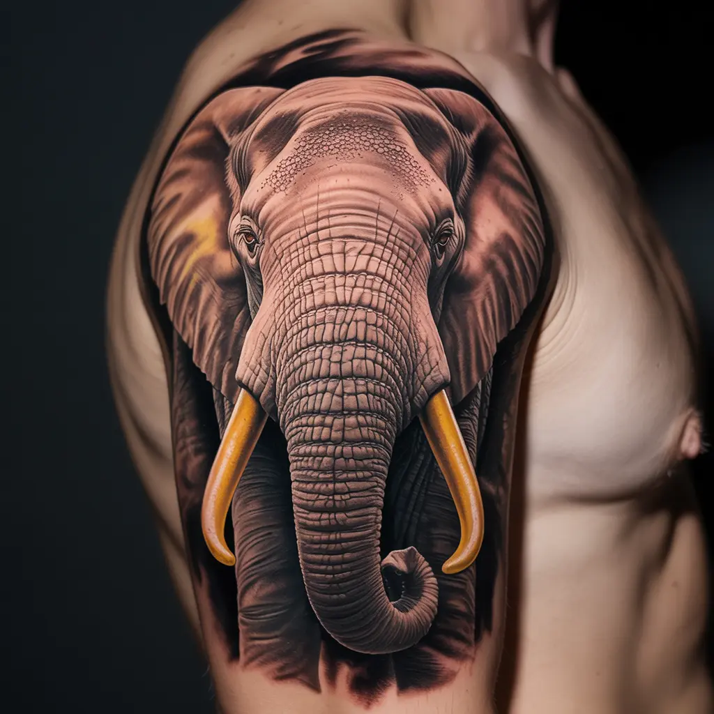 "Golden tusks elephant tattoo on shoulder, realistic black and grey elephant tattoos representing prosperity, strength, and power."