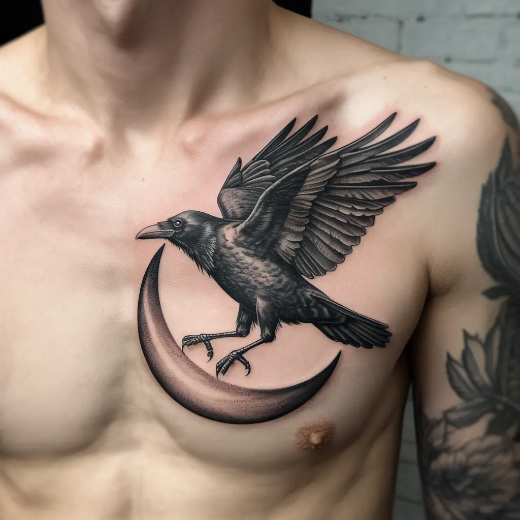 “Chest raven tattoo with a crescent moon behind the bird, realistic black and gray design symbolizing intuition and mystery.”