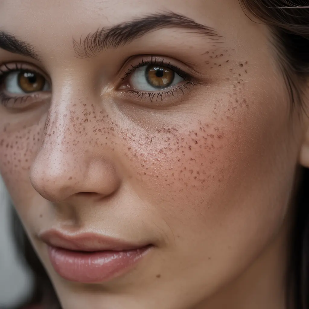 Minimalist Freckle Tattoo – Minimalist freckle tattoo with natural scattered dots across face, subtle and realistic shading.

