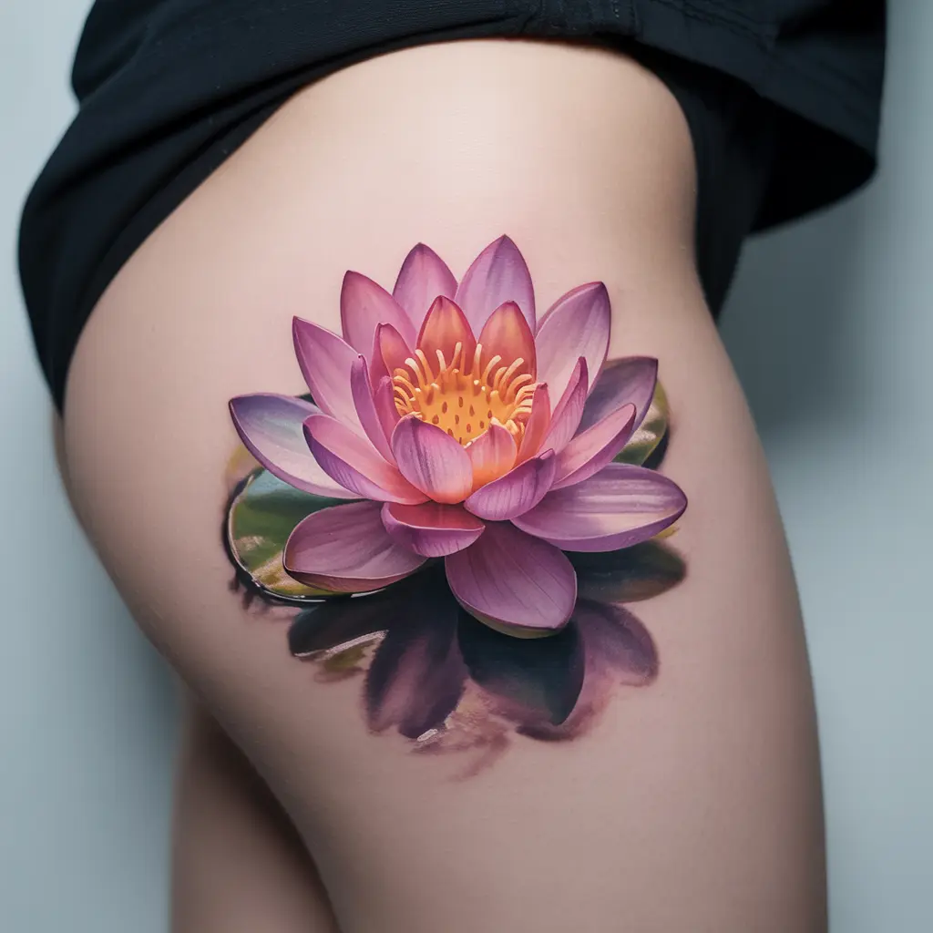 lotus flower under thigh tattoos women, elegant lotus bloom tattoo design on thigh, feminine spiritual body art inspiration