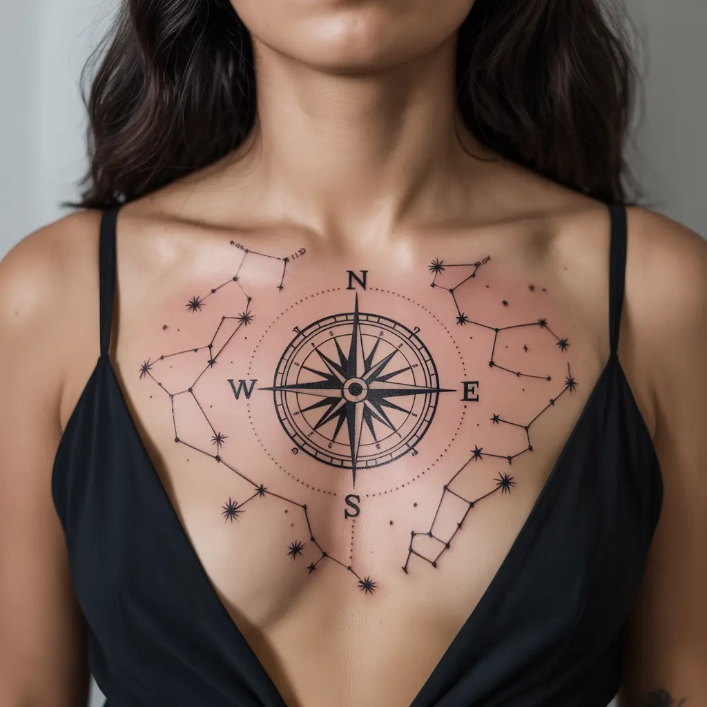 Celestial Compass — Guiding Stars Over the Soul
Celestial Compass chest tattoo female with compass rose and constellation stars in fine black line work.