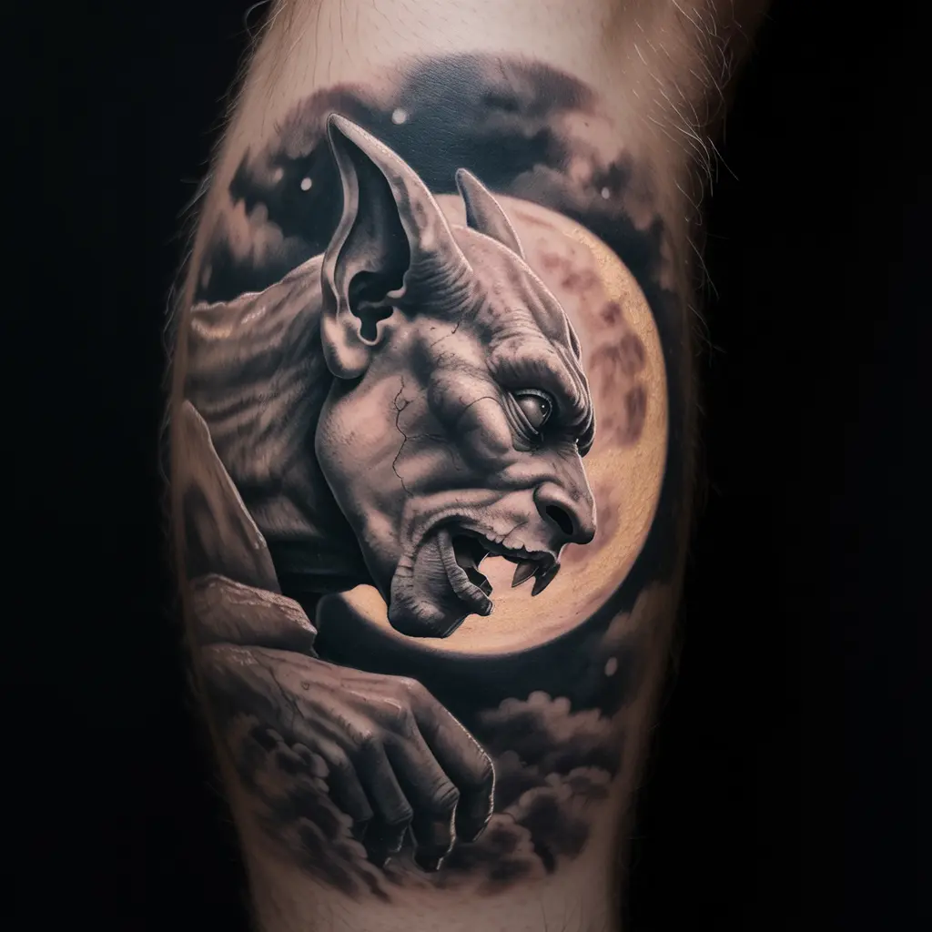 "Moonlit Gargoyle’s Whisper whimsigoth tattoo of gothic gargoyle under moonlight on calf"