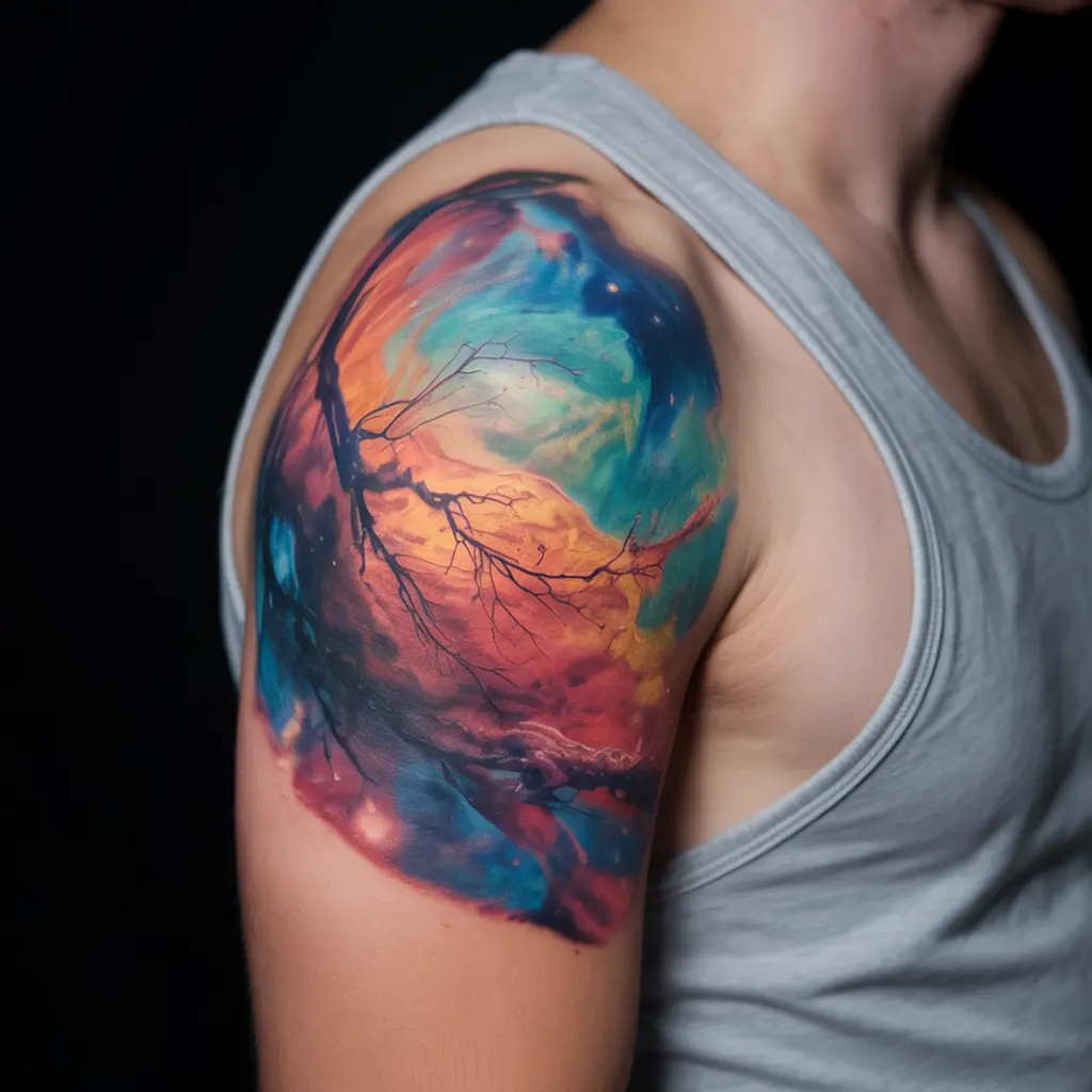 "Abstract tattoo designs — nebula veins tattoo on shoulder with colorful cosmic-inspired ink patterns."