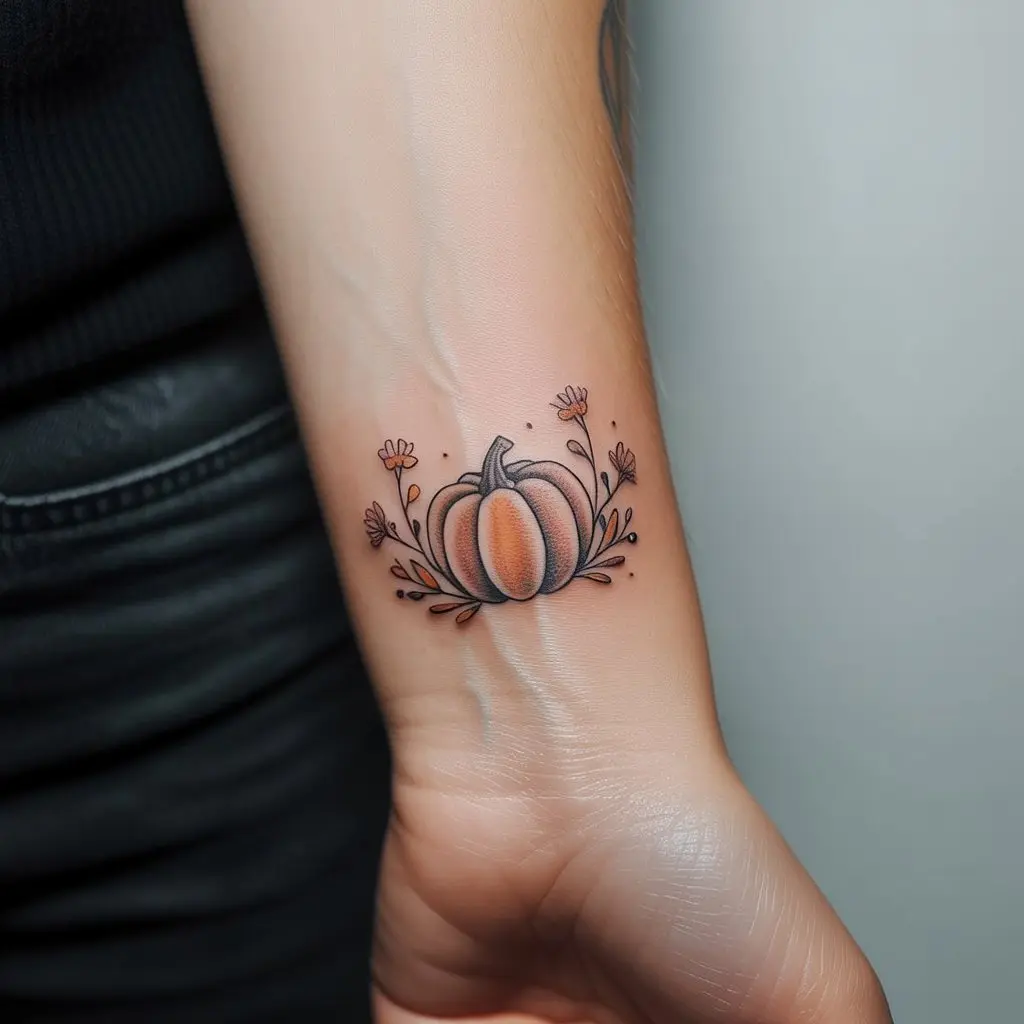 "Pumpkin Spice & Petal Skies fall tattoo on wrist, small pumpkin with seasonal flowers in earthy tones"