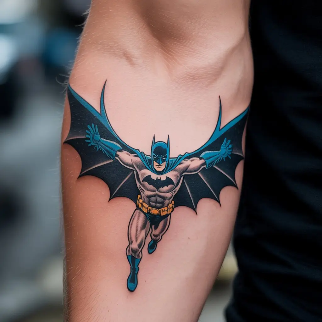 “Forearm Batman tattoo showing the Dark Knight gliding through Gotham City with wings spread wide, symbolizing justice and freedom.”