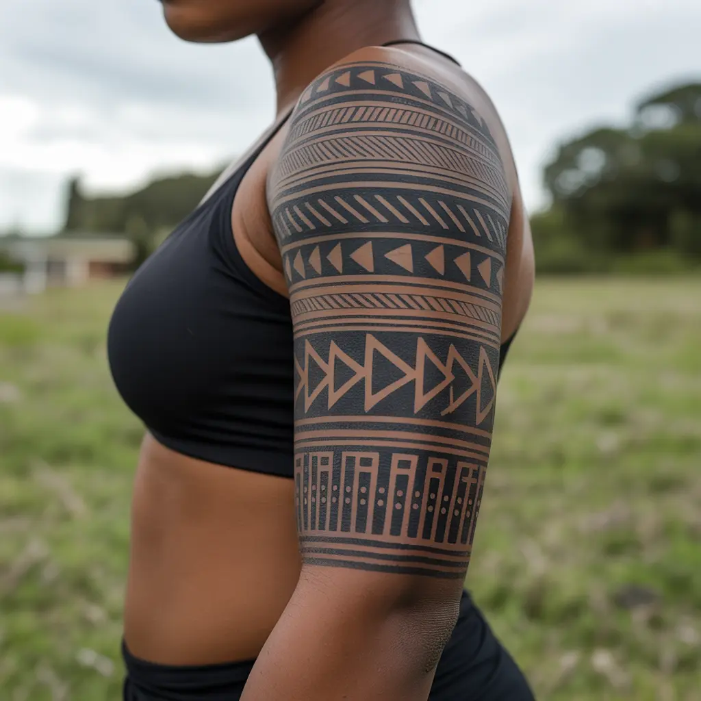 Black women tattoos – bold African tribal sleeve tattoo on arm, symbolizing cultural roots and royalty with photorealistic detail.