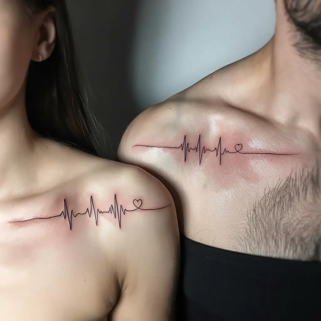 Heartbeat Line Matching Couple Tattoos – Delicate heartbeat line matching couple tattoos across collarbones, minimalist romantic design. 
