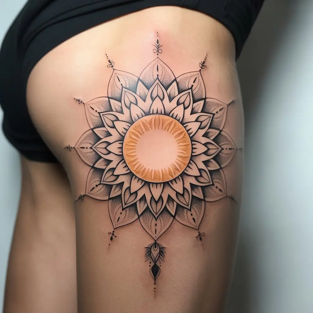 female tattoo ideas mandala sun radiance and balance — Intricate mandala sun tattoo on a woman’s thigh, golden geometric patterns.

