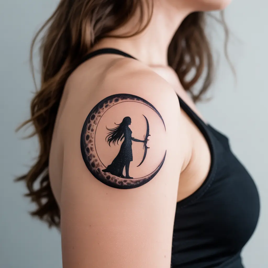"Feminine power tattoo of a crescent moon with a female warrior silhouette representing courage and feminine energy"

