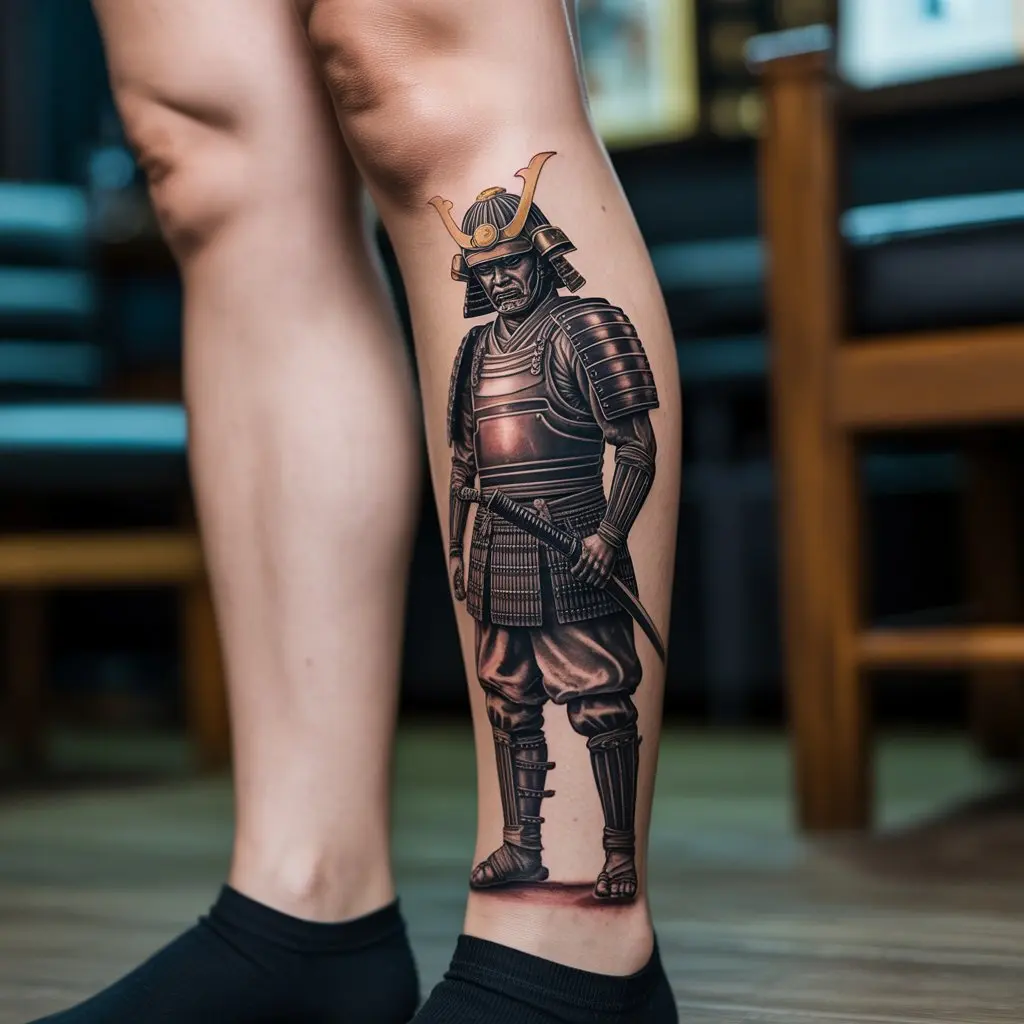 Samurai Warrior Design – leg tattoos women showcasing a detailed samurai in armor with a drawn katana along the leg.