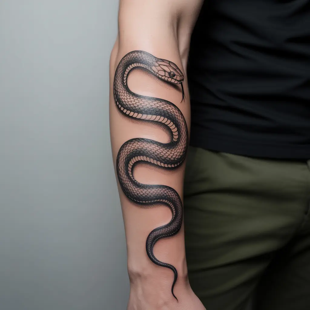Forearm tattoo women – Snake wrapped around forearm with detailed black and grey shading


