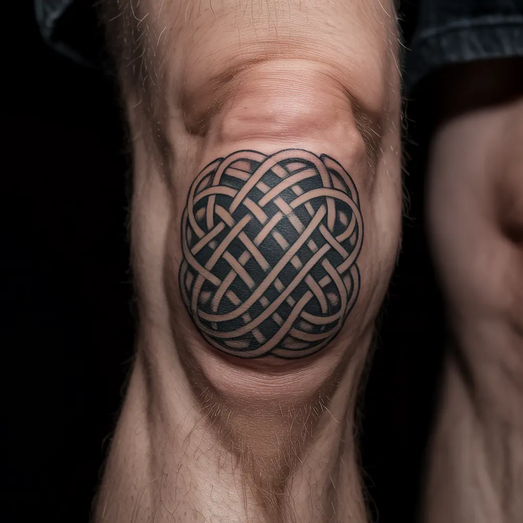 Detailed Celtic knot knee cap tattoo with interwoven black and grey patterns over the knee.

