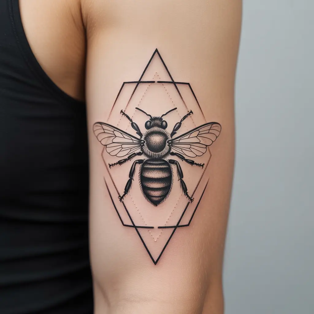 Buzz of Inner Strength
"Buzz of Inner Strength Honey Bee Tattoo on bicep with bee and geometric lines, bold design representing resilience."