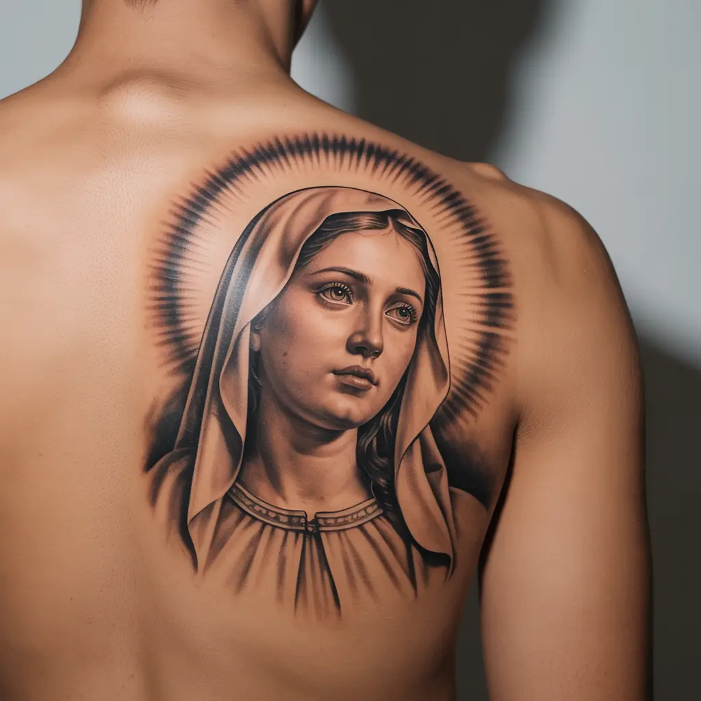 "Virgin Mary tattoo with guardian halo on back shoulder blade, detailed shading and realism, representing holiness and divine guidance."