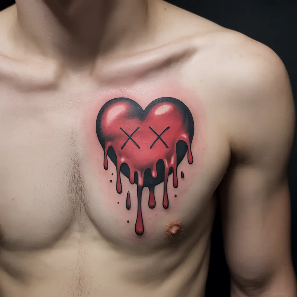 KAWS tattoo of a melting heart with dripping ink effect, chest placement symbolizing fragile emotions and love.