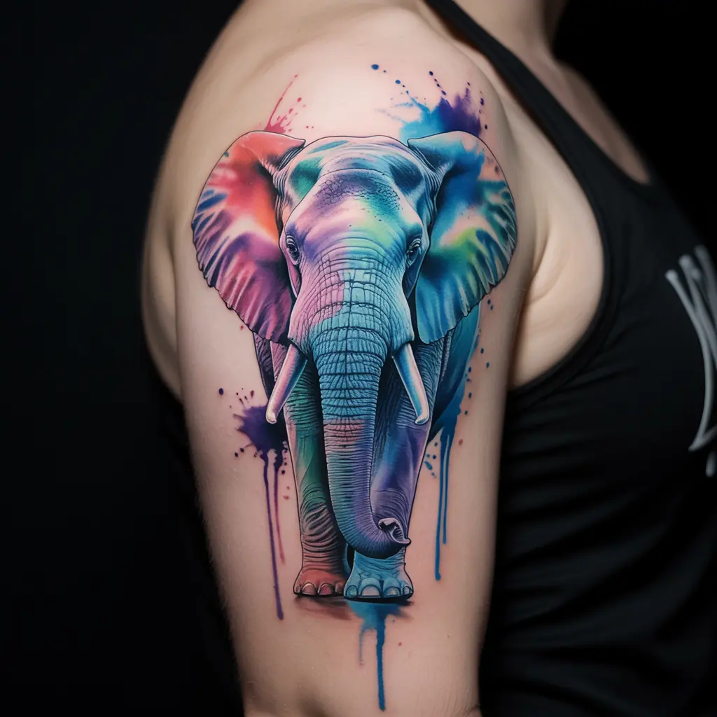 "Watercolor elephant tattoo on upper arm with blue, purple, and pink splashes, colorful elephant tattoos symbolizing creativity and imagination."