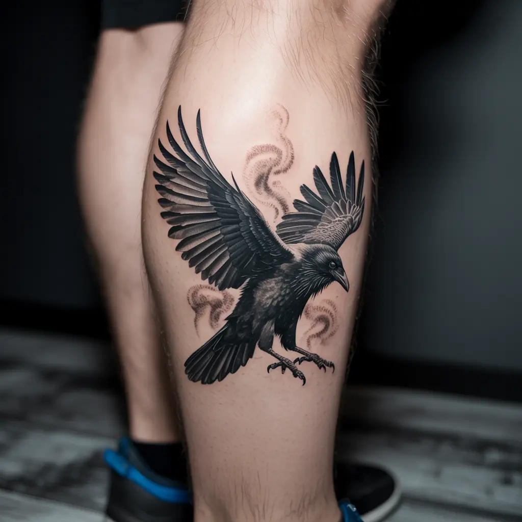 “Calf raven tattoo of a bird rising from ashes with smoky feathers, black and gray shading symbolizing rebirth.”
