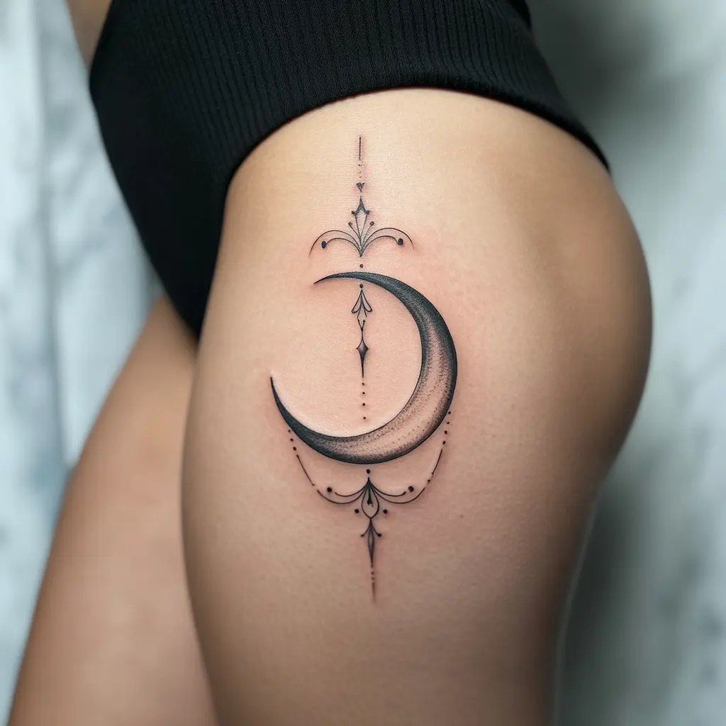 crescent moon under thigh tattoos women, celestial moon tattoo design on thigh, mystical feminine body art