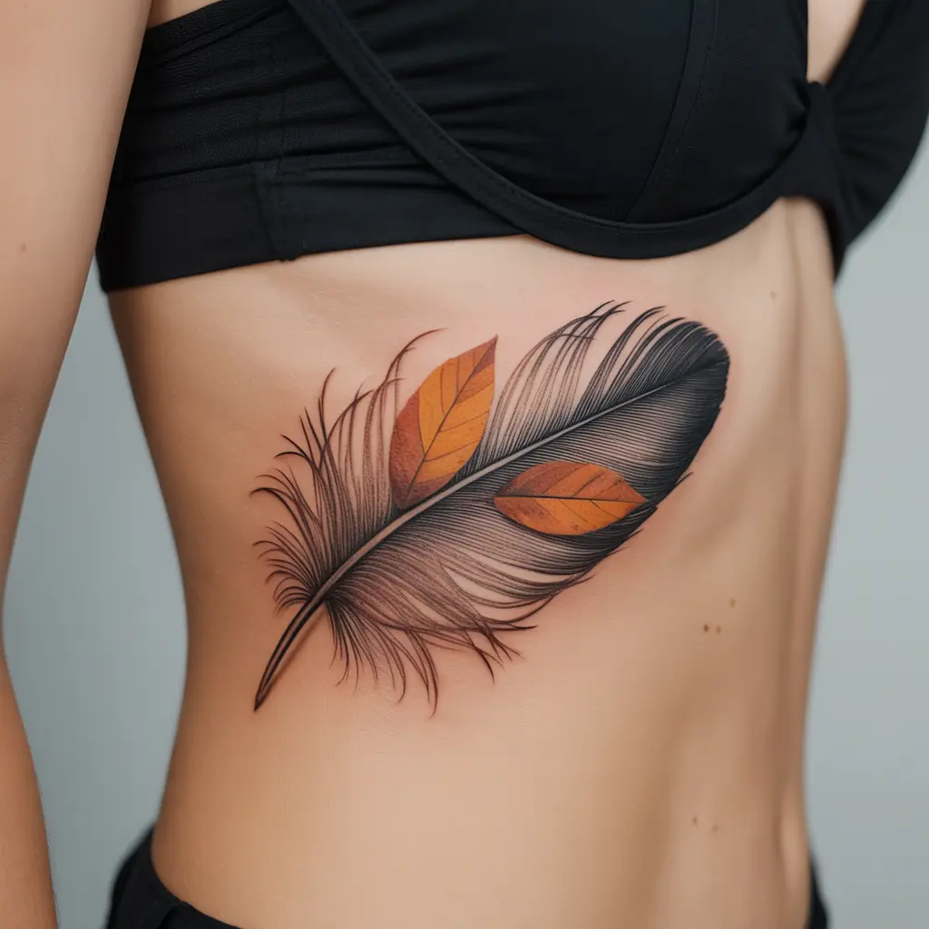 "Crisp Breeze Featherwork fall tattoo on ribcage, soft feather with autumn leaf details in orange and brown"