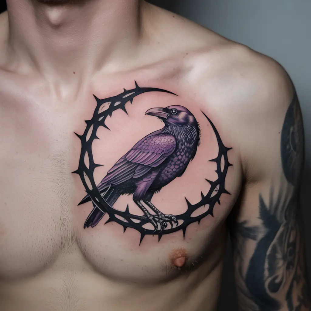 "Violet Raven Over Thorned Crescent whimsigoth tattoo of raven perched on moon with thorns on chest"