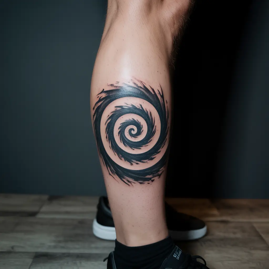 "Abstract tattoo designs — silent chaos spiral tattoo on calf featuring swirling chaotic spiral lines."