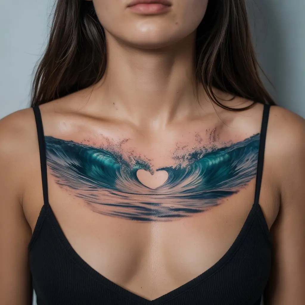 Ocean’s Heartbeat — Waves Beneath the Collarbone
Ocean’s Heartbeat chest tattoo female with crashing ocean waves and hidden heart in blue and black ink.