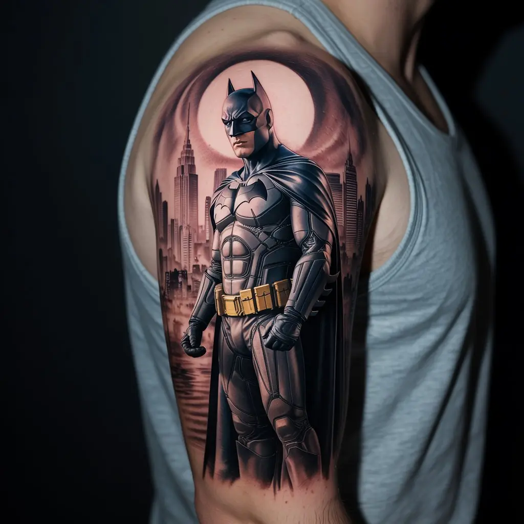 “Batman tattoo on shoulder depicting the Caped Crusader overlooking Gotham City, representing a guardian and protector.”