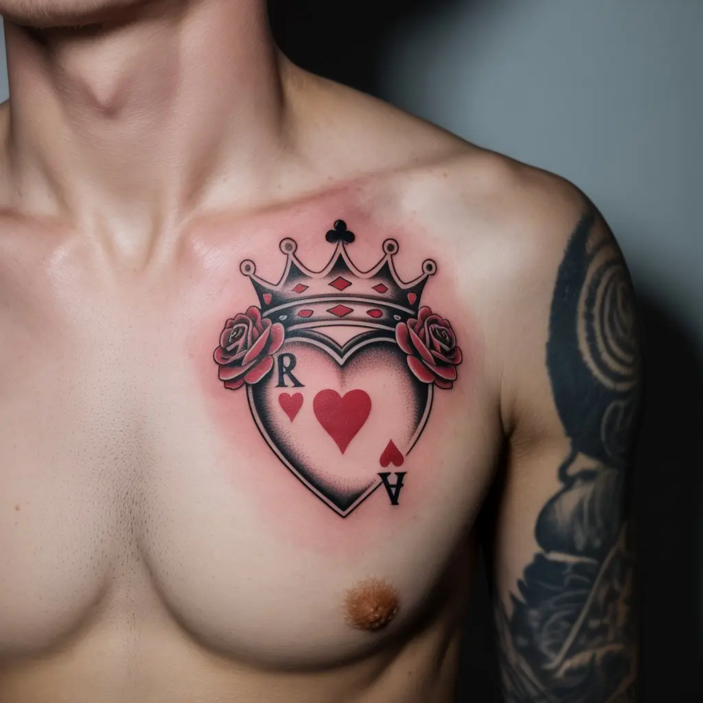 “Bold Alice in Wonderland tattoo of Queen of Hearts crown, roses, and playing cards in red and black ink on chest, symbolizing passion and authority.”