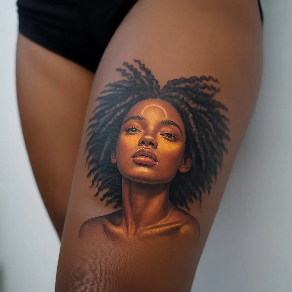 Black women tattoos – radiant sun goddess tattoo on thigh, glowing design highlighting melanin beauty in lifelike realism.