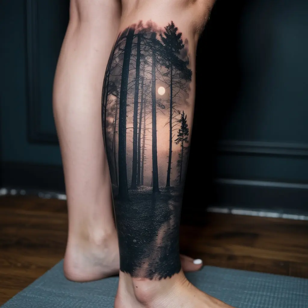 Dark Forest Landscape – leg tattoos women depicting foggy trees and moonlight wrapping around the shin.