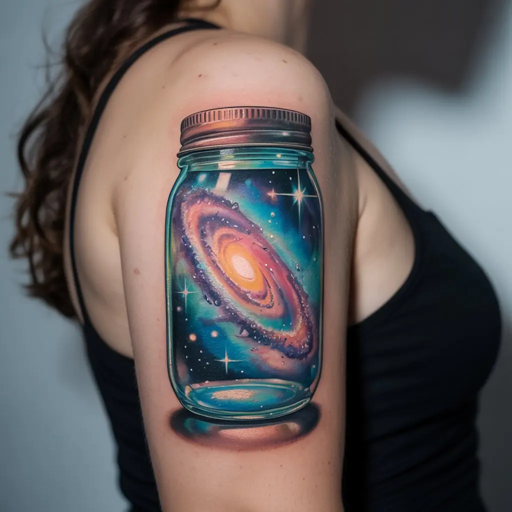 female tattoo ideas galaxy in a jar dreams captured — Colorful galaxy in a jar tattoo on a woman’s upper arm, stars and nebula effects.

