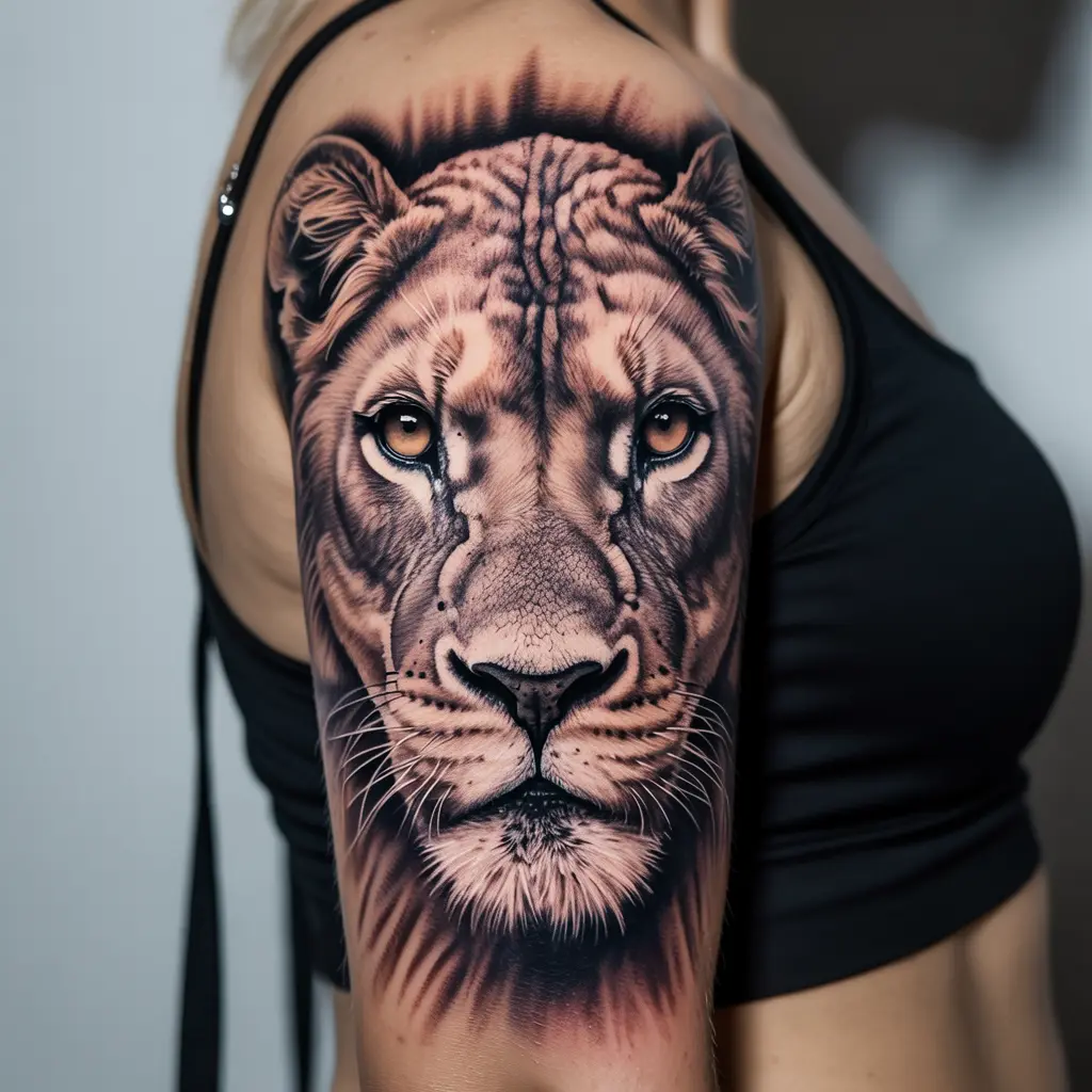 "Realistic feminine power tattoo of a lioness face symbolizing courage, leadership, and confidence"

