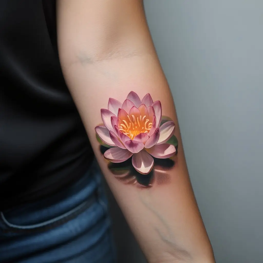 Forearm tattoo women – Lotus flower forearm tattoo in soft pink and white gradients


