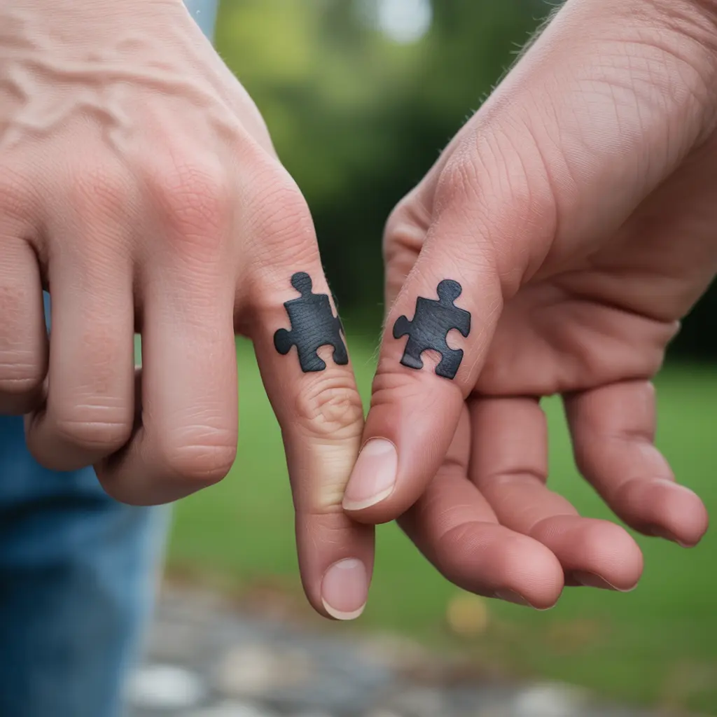 Puzzle Piece Matching Couple Tattoos – Realistic puzzle piece matching couple tattoos on fingers, connecting love-themed body art for couples. 