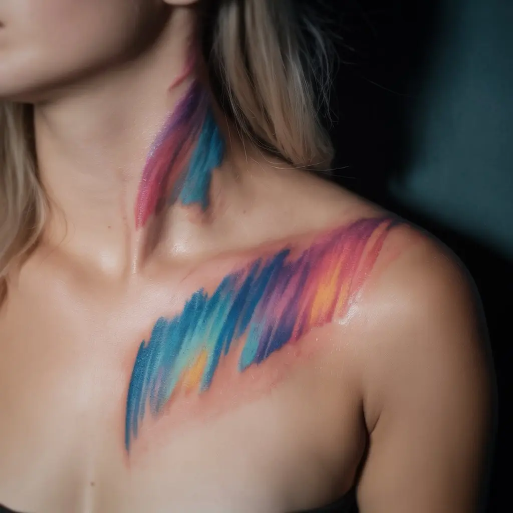 Aurora Curve collar bone tattoo in watercolor style with blended purples, blues, and pinks, inspired by the Northern Lights.