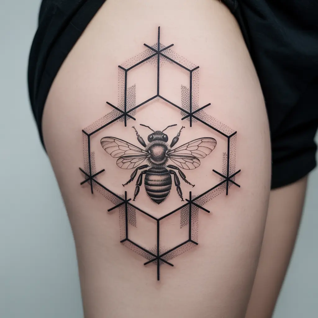 Hexagon of Harmony
"Hexagon of Harmony Honey Bee Tattoo on thigh with honeycomb geometric shapes and bee, symbolizing balance and harmony."