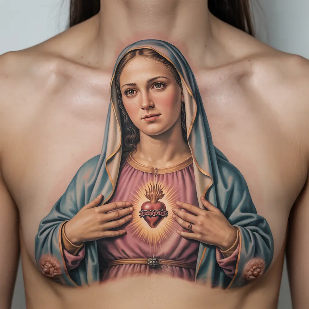 "Sacred Heart Virgin Mary tattoo artwork on chest, realistic shading and spiritual symbolism of love, compassion, and forgiveness."