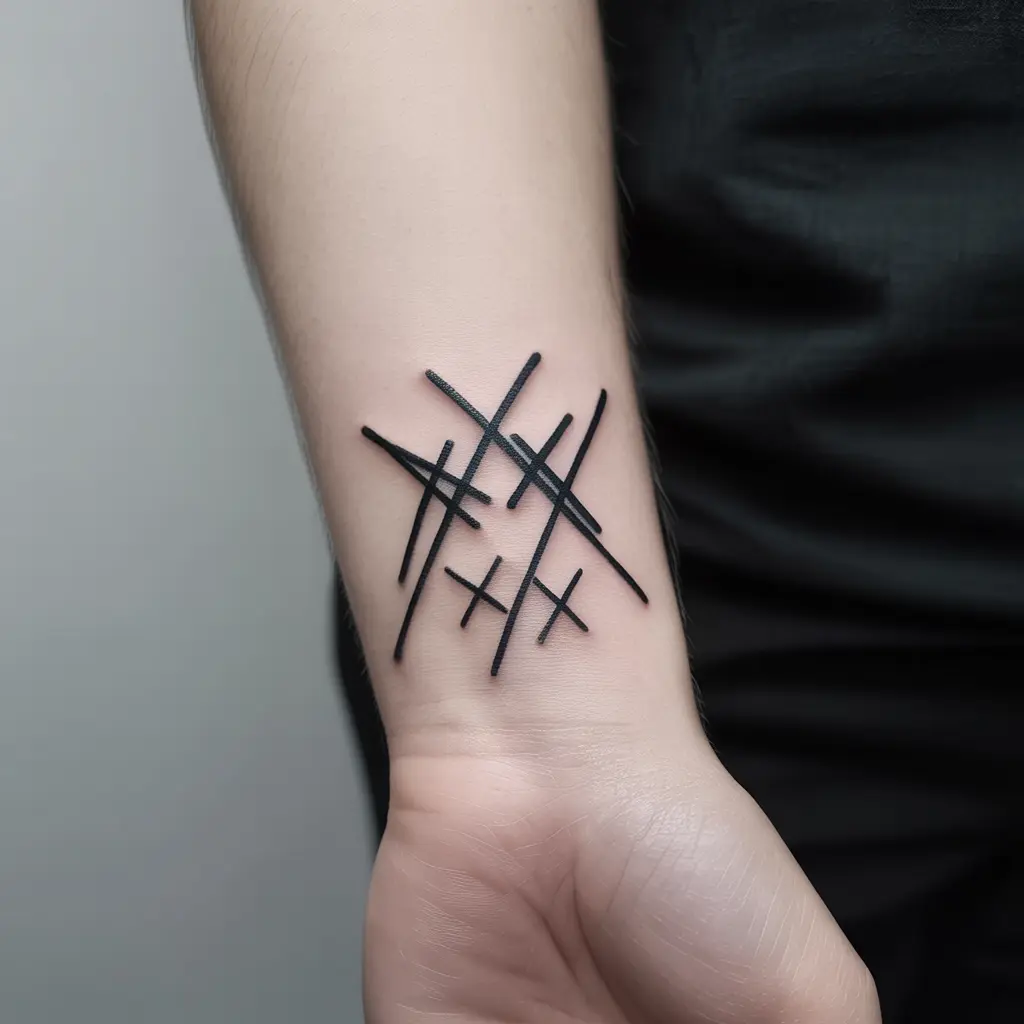 Minimalist KAWS tattoo featuring abstract X-eyes and linework, fine-line wrist design showing artistic rebellion.