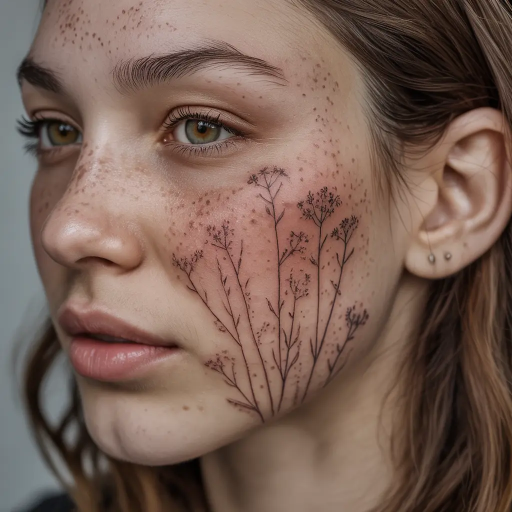 Wildflower Freckle Tattoo – Wildflower freckle tattoo with tiny floral shapes blended into freckles, nature-inspired beauty.

