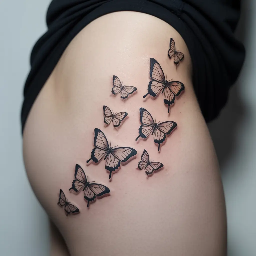 butterfly under thigh tattoos women, swarm of butterflies tattoo design on thigh, delicate and graceful body art