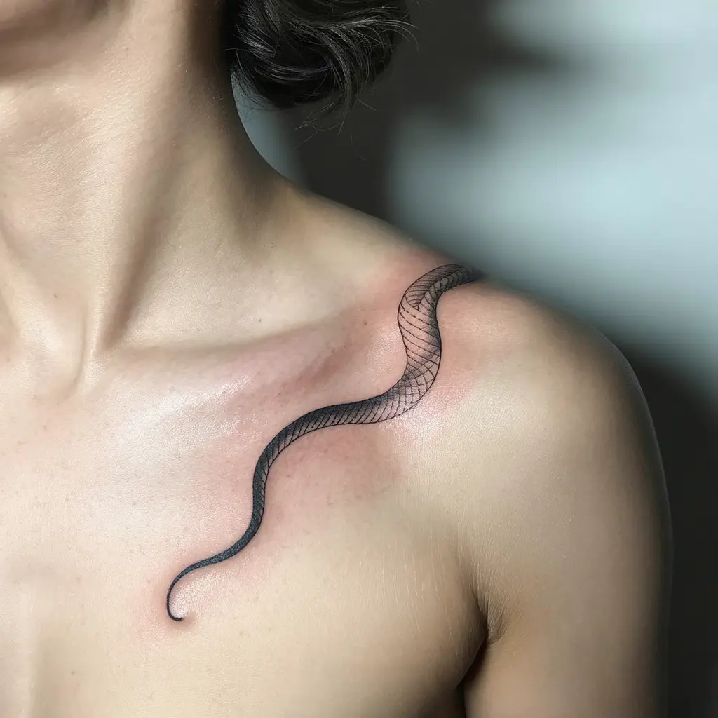 Serpent’s Grace collar bone tattoo of a thin, elegant snake wrapping toward the shoulder, symbolizing wisdom and transformation.