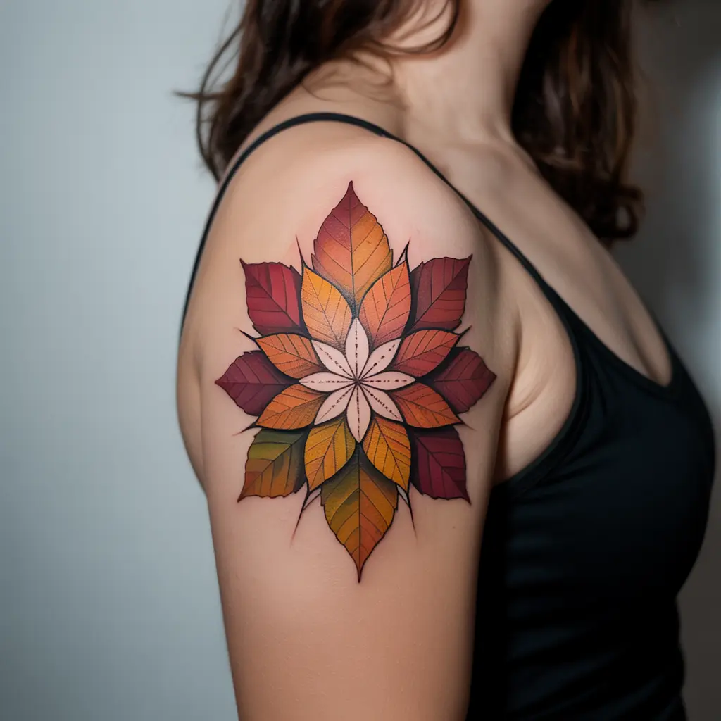 "Amber Glow Leaf Mandala fall tattoo on shoulder blade, mandala made of autumn leaves in warm tones"