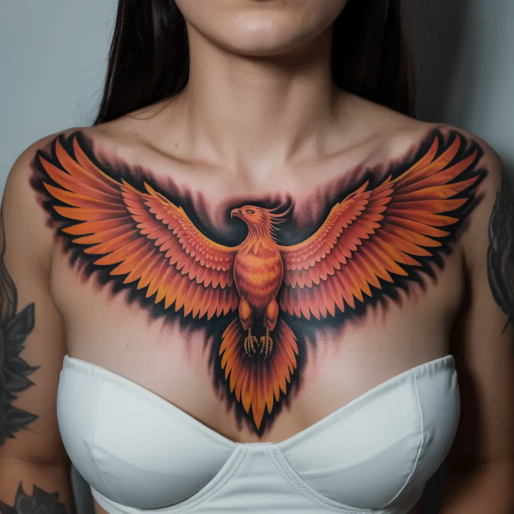 Phoenix Veil — Rising Flame Chest Tattoo
Phoenix Veil chest tattoo female featuring a fiery phoenix spreading wings across the upper chest.