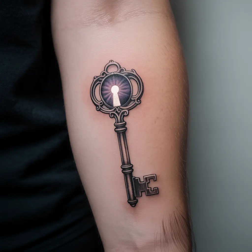 "Victorian Key to the Astral Gate whimsigoth tattoo with ornate gothic key and cosmic details on forearm"
