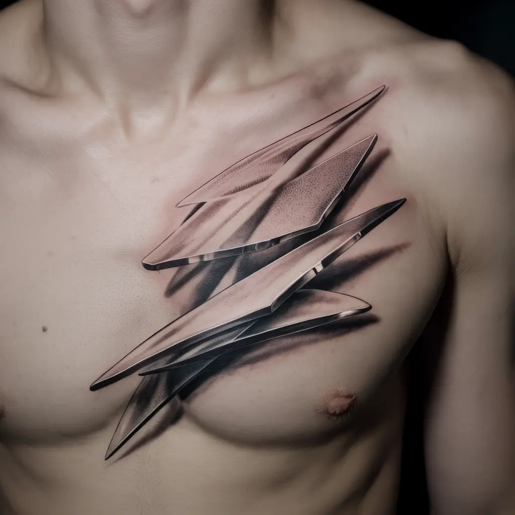 "Abstract tattoo designs — ethereal shards tattoo on chest with crystal-like fragmented shapes."