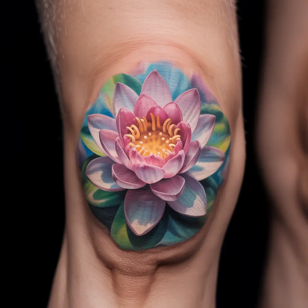 Lotus flower knee cap tattoo with soft pastel petals and delicate outlines on realistic skin.

