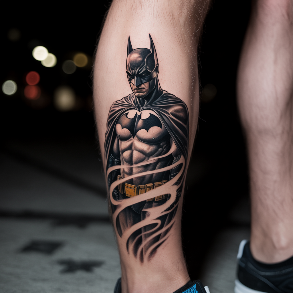 “Calf Batman tattoo showing the Dark Knight blending into swirling shadows, a mysterious design symbolizing silent defense.”