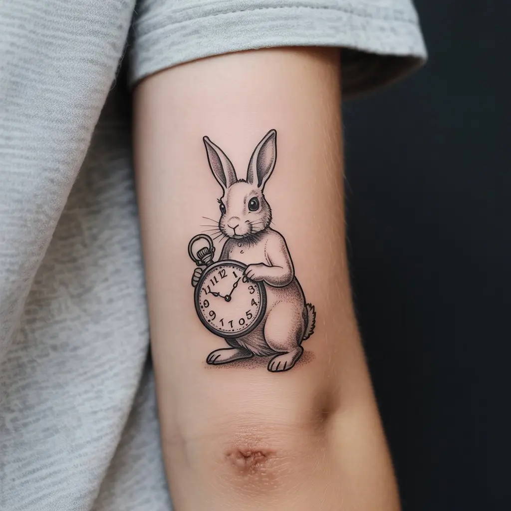 “Realistic Alice in Wonderland tattoo of the White Rabbit holding a pocket watch on forearm, detailed black ink artwork symbolizing urgency and time.”
