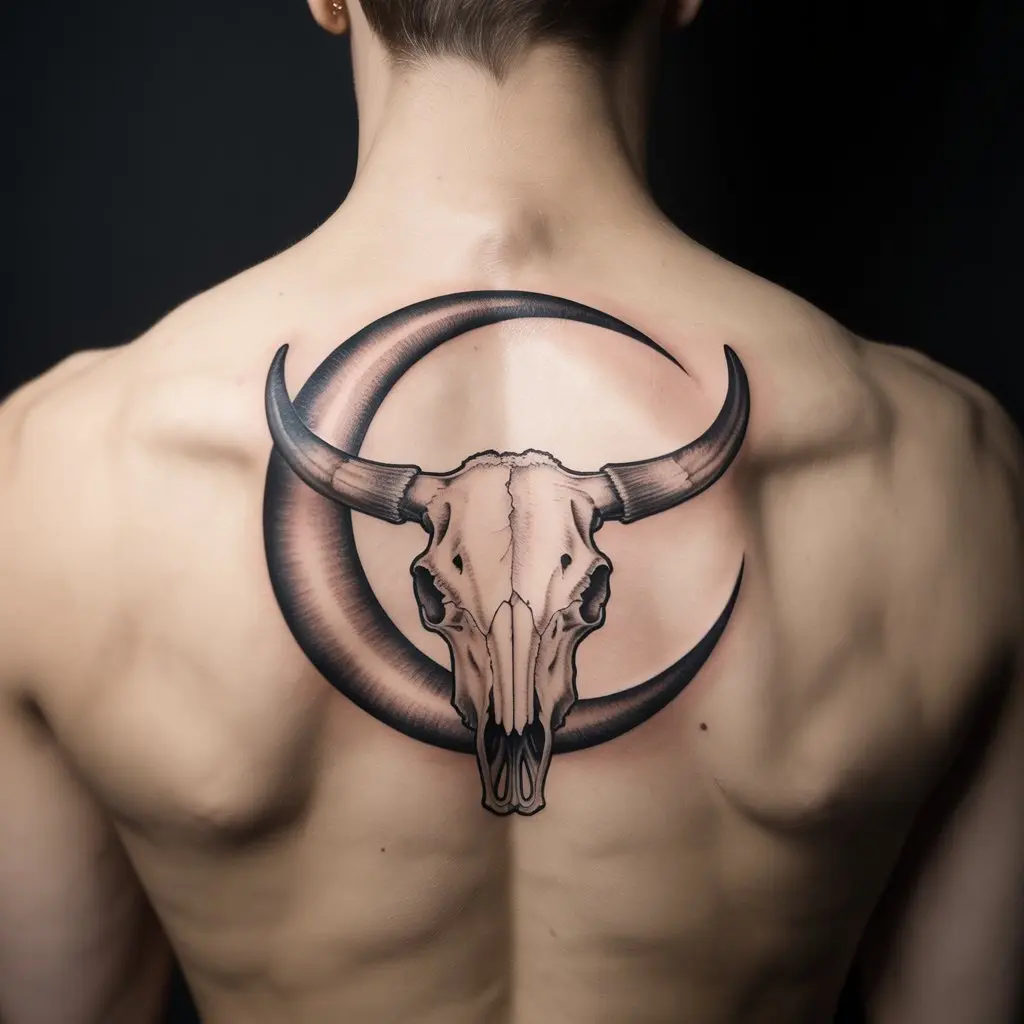 "Cow skull tattoo with crescent moon placed on upper back, symbolizing cycles, transformation, and spiritual guidance."